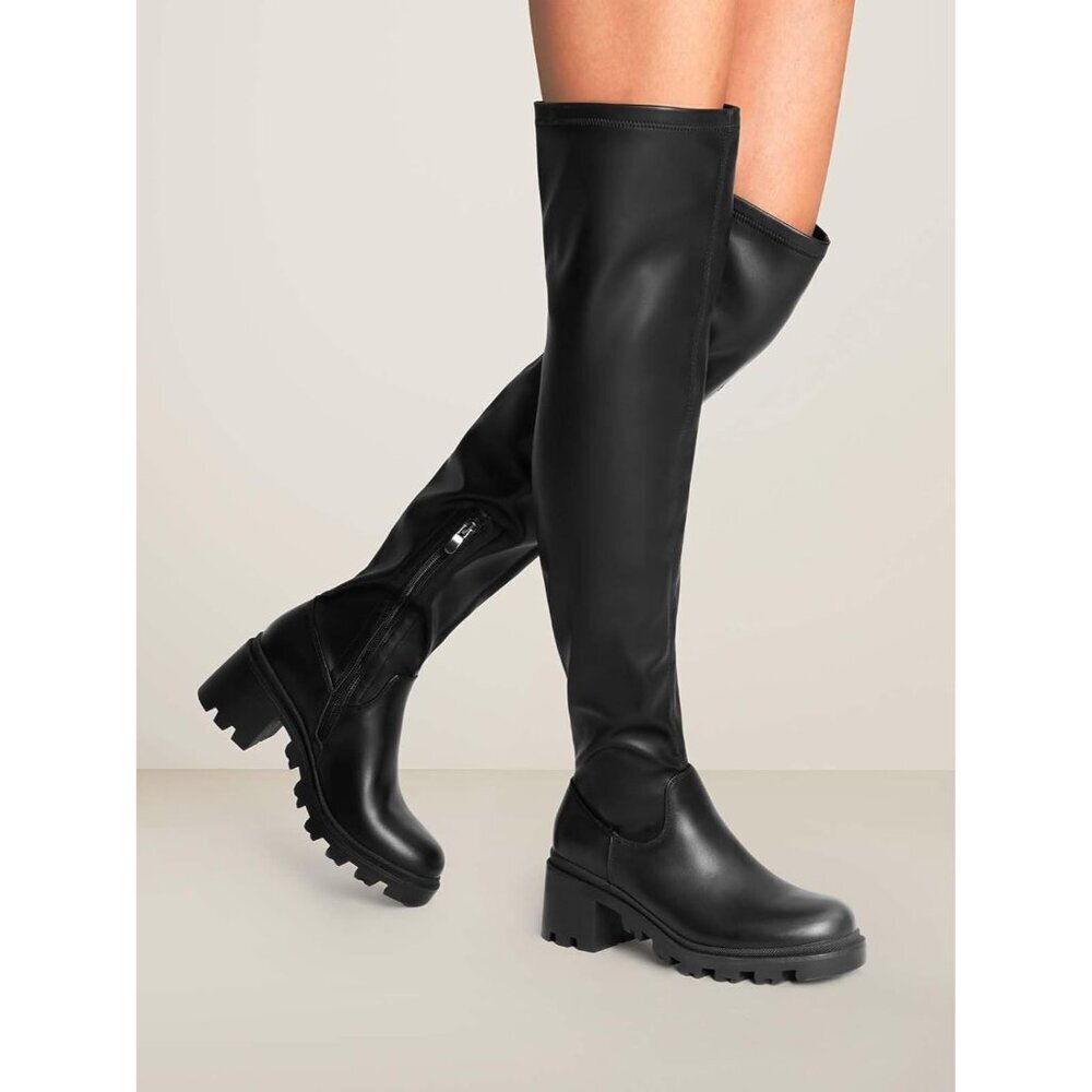 Women's Black-pu Faux Leather Knee High Over The Knee High Chunky Heel Boots - Picture 5 of 7